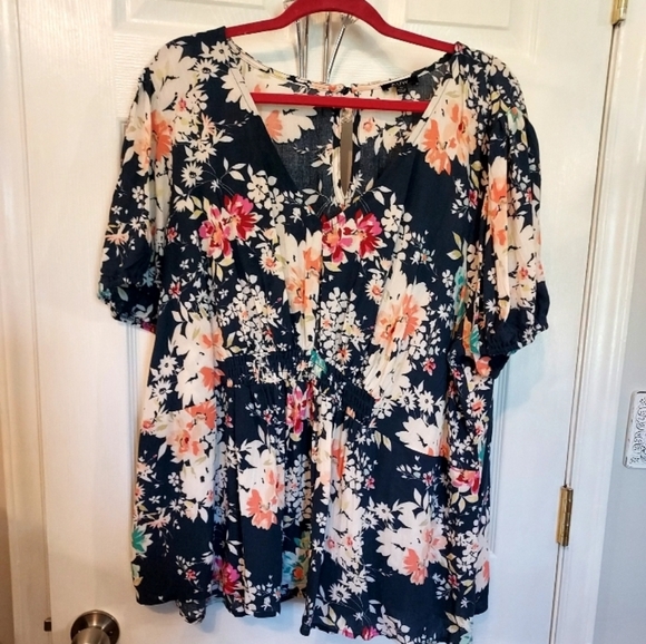 AUW Blouse Floral blue v-neck plus sz 3X Romantic Boho Cottagecore - Picture 1 of 10